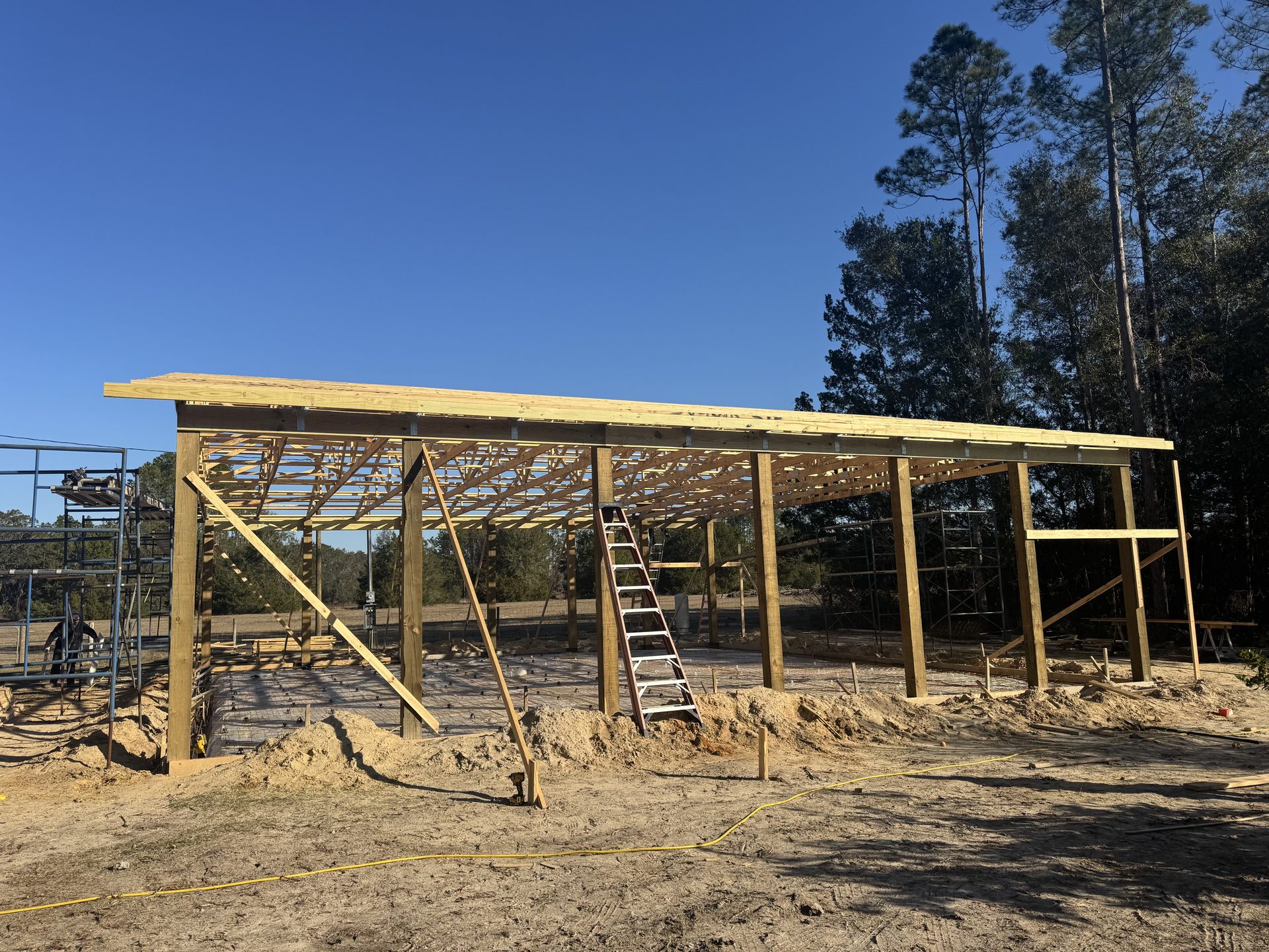 Pole barn exterior view showing metal siding and roofing detail